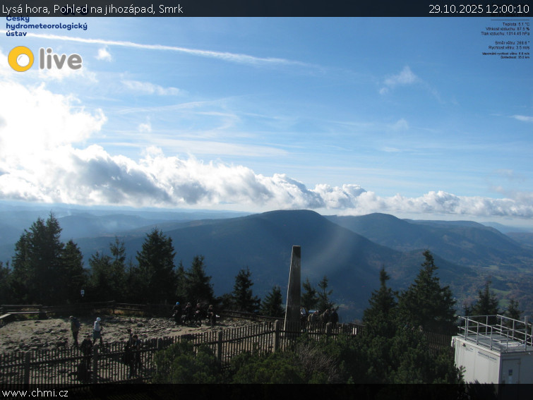 Lysá hora - Pohled na jihozápad, Smrk - 29.10.2025 v 12:00 Lysá hora - Pohled na jihozápad, Smrk - 29.10.2025 v 12:00