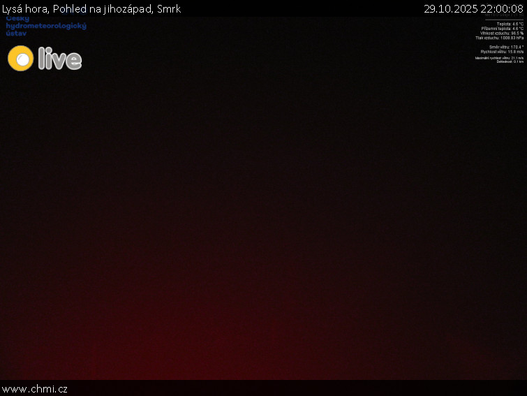 Lysá hora - Pohled na jihozápad, Smrk - 29.10.2025 v 22:00 Lysá hora - Pohled na jihozápad, Smrk - 29.10.2025 v 22:00