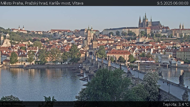 Město Praha - Pražský hrad, Karlův most, Vltava - 9.5.2025 v 06:00 Město Praha - Pražský hrad, Karlův most, Vltava - 9.5.2025 v 06:00
