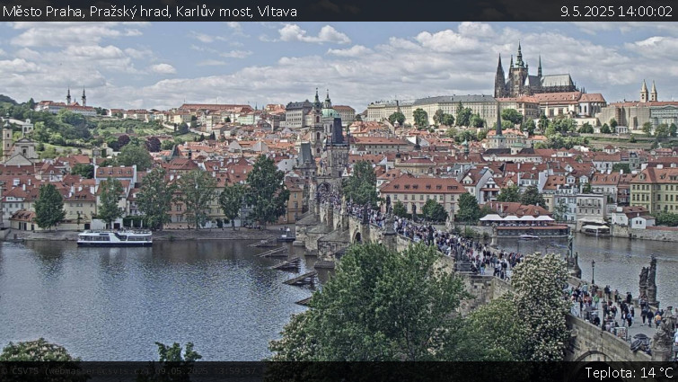 Město Praha - Pražský hrad, Karlův most, Vltava - 9.5.2025 v 14:00 Město Praha - Pražský hrad, Karlův most, Vltava - 9.5.2025 v 14:00