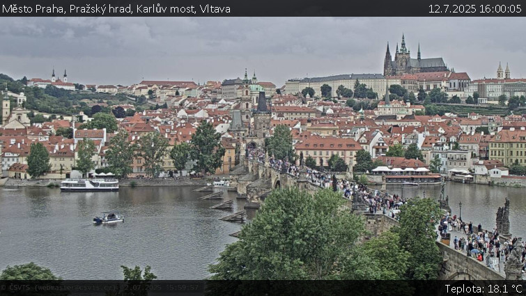 Město Praha - Pražský hrad, Karlův most, Vltava - 12.7.2025 v 16:00 Město Praha - Pražský hrad, Karlův most, Vltava - 12.7.2025 v 16:00