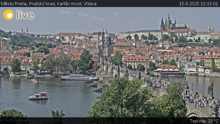 Město Praha - Pražský hrad, Karlův most, Vltava - 15.8.2025 v 13:15