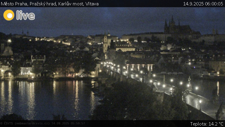 Město Praha - Pražský hrad, Karlův most, Vltava - 14.9.2025 v 06:00 Město Praha - Pražský hrad, Karlův most, Vltava - 14.9.2025 v 06:00