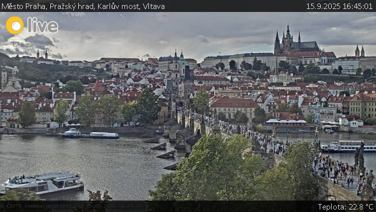 Město Praha - Pražský hrad, Karlův most, Vltava - 15.9.2025 v 16:45 Město Praha - Pražský hrad, Karlův most, Vltava - 15.9.2025 v 16:45