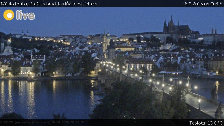 Město Praha - Pražský hrad, Karlův most, Vltava - 16.9.2025 v 06:00 Město Praha - Pražský hrad, Karlův most, Vltava - 16.9.2025 v 06:00
