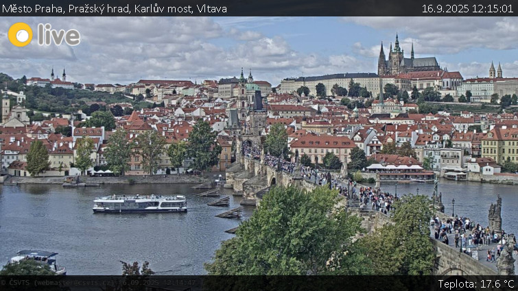 Město Praha - Pražský hrad, Karlův most, Vltava - 16.9.2025 v 12:15 Město Praha - Pražský hrad, Karlův most, Vltava - 16.9.2025 v 12:15