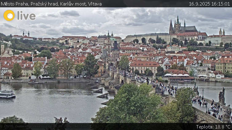 Město Praha - Pražský hrad, Karlův most, Vltava - 16.9.2025 v 16:15 Město Praha - Pražský hrad, Karlův most, Vltava - 16.9.2025 v 16:15