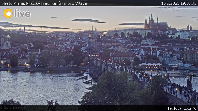 Město Praha - Pražský hrad, Karlův most, Vltava - 16.9.2025 v 19:30