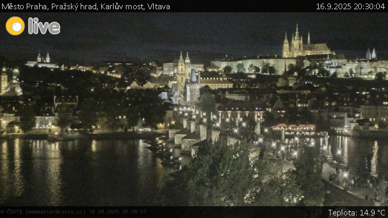 Město Praha - Pražský hrad, Karlův most, Vltava - 16.9.2025 v 20:30