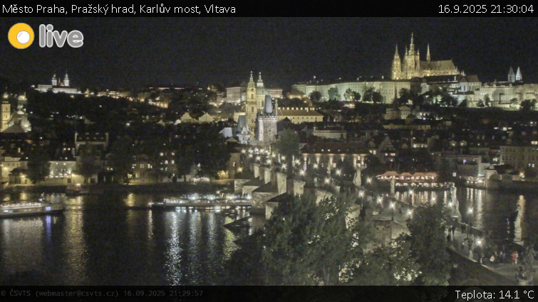 Město Praha - Pražský hrad, Karlův most, Vltava - 16.9.2025 v 21:30