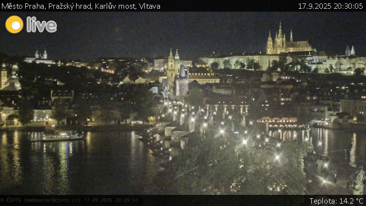 Město Praha - Pražský hrad, Karlův most, Vltava - 17.9.2025 v 20:30