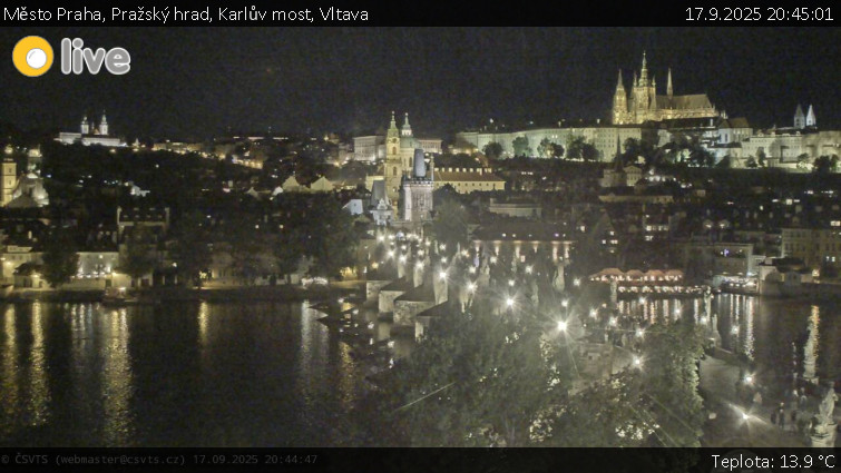 Město Praha - Pražský hrad, Karlův most, Vltava - 17.9.2025 v 20:45 Město Praha - Pražský hrad, Karlův most, Vltava - 17.9.2025 v 20:45