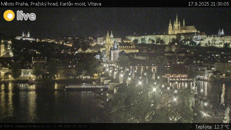Město Praha - Pražský hrad, Karlův most, Vltava - 17.9.2025 v 21:30