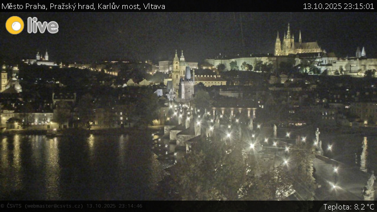 Město Praha - Pražský hrad, Karlův most, Vltava - 13.10.2025 v 23:15 Město Praha - Pražský hrad, Karlův most, Vltava - 13.10.2025 v 23:15