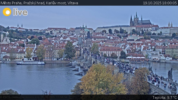 Město Praha - Pražský hrad, Karlův most, Vltava - 19.10.2025 v 18:00 Město Praha - Pražský hrad, Karlův most, Vltava - 19.10.2025 v 18:00