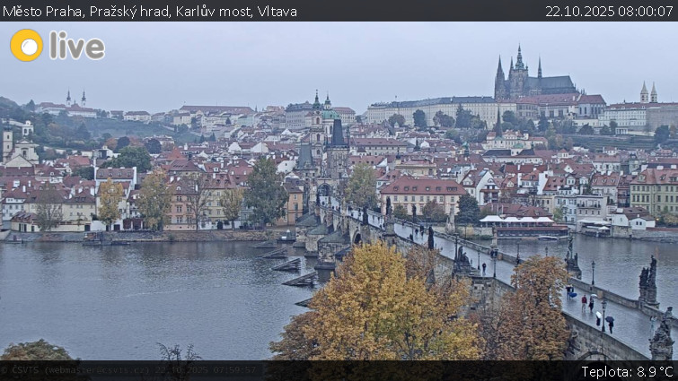 Město Praha - Pražský hrad, Karlův most, Vltava - 22.10.2025 v 08:00 Město Praha - Pražský hrad, Karlův most, Vltava - 22.10.2025 v 08:00