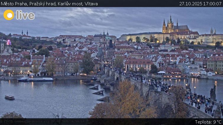 Město Praha - Pražský hrad, Karlův most, Vltava - 27.10.2025 v 17:00 Město Praha - Pražský hrad, Karlův most, Vltava - 27.10.2025 v 17:00
