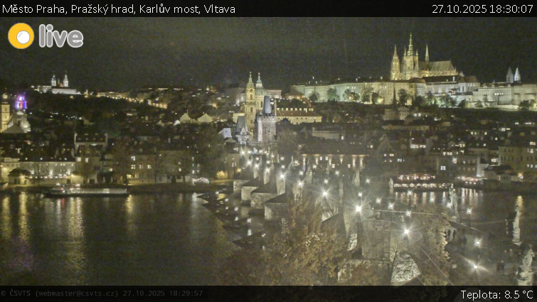 Město Praha - Pražský hrad, Karlův most, Vltava - 27.10.2025 v 18:30 Město Praha - Pražský hrad, Karlův most, Vltava - 27.10.2025 v 18:30