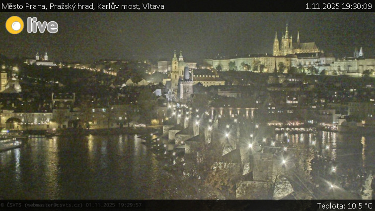 Město Praha - Pražský hrad, Karlův most, Vltava - 1.11.2025 v 19:30 Město Praha - Pražský hrad, Karlův most, Vltava - 1.11.2025 v 19:30