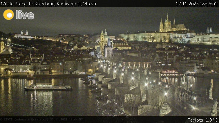 Město Praha - Pražský hrad, Karlův most, Vltava - 27.11.2025 v 18:45