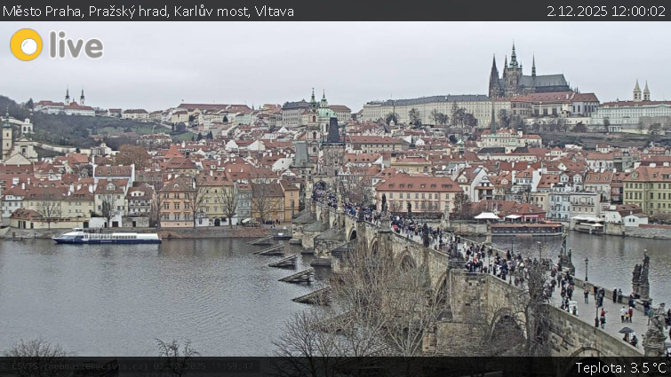Město Praha - Pražský hrad, Karlův most, Vltava - 2.12.2025 v 12:00