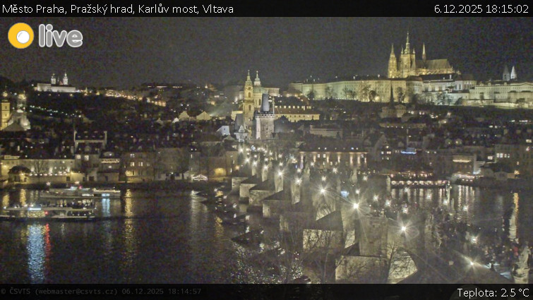 Město Praha - Pražský hrad, Karlův most, Vltava - 6.12.2025 v 18:15