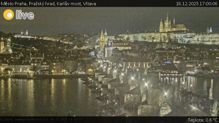 Město Praha - Pražský hrad, Karlův most, Vltava - 16.12.2025 v 17:00