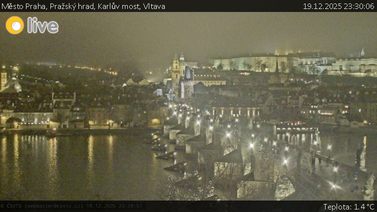 Město Praha - Pražský hrad, Karlův most, Vltava - 19.12.2025 v 23:30