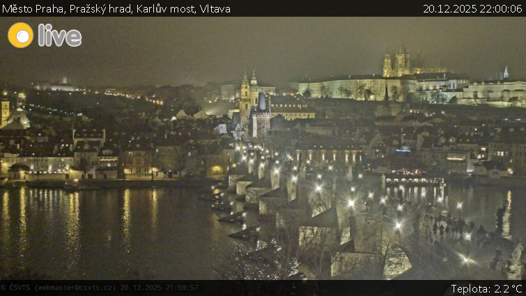 Město Praha - Pražský hrad, Karlův most, Vltava - 20.12.2025 v 22:00