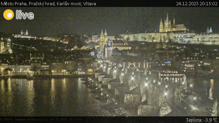 Město Praha - Pražský hrad, Karlův most, Vltava - 24.12.2025 v 20:15