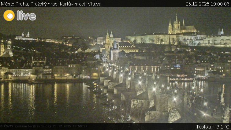 Město Praha - Pražský hrad, Karlův most, Vltava - 25.12.2025 v 19:00