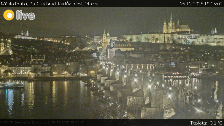 Město Praha - Pražský hrad, Karlův most, Vltava - 25.12.2025 v 19:15