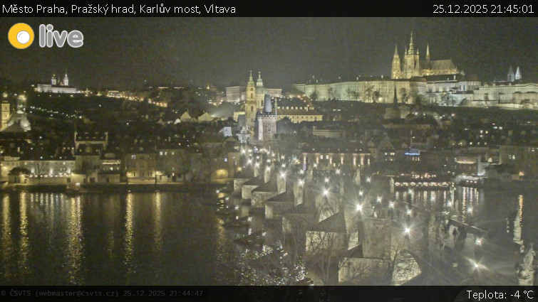Město Praha - Pražský hrad, Karlův most, Vltava - 25.12.2025 v 21:45