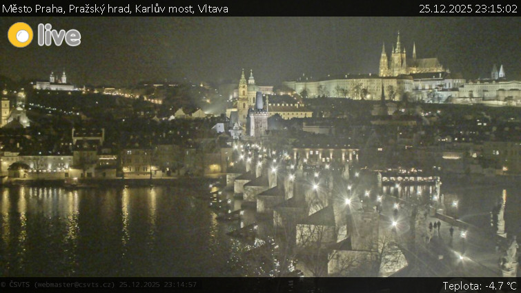 Město Praha - Pražský hrad, Karlův most, Vltava - 25.12.2025 v 23:15