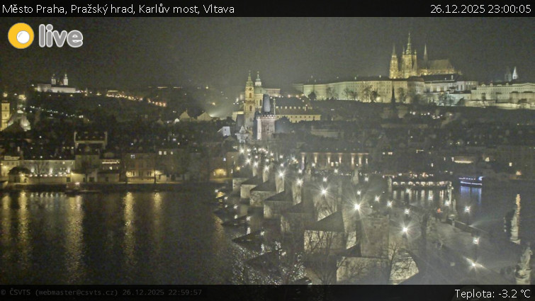 Město Praha - Pražský hrad, Karlův most, Vltava - 26.12.2025 v 23:00