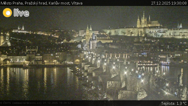Město Praha - Pražský hrad, Karlův most, Vltava - 27.12.2025 v 19:30