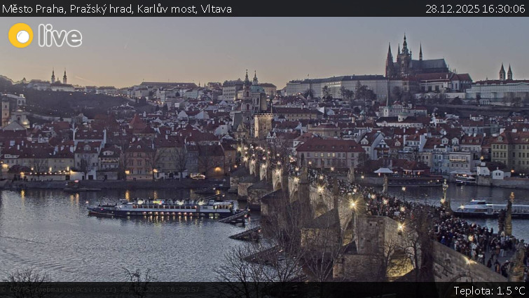 Město Praha - Pražský hrad, Karlův most, Vltava - 28.12.2025 v 16:30