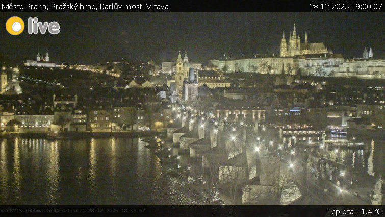 Město Praha - Pražský hrad, Karlův most, Vltava - 28.12.2025 v 19:00