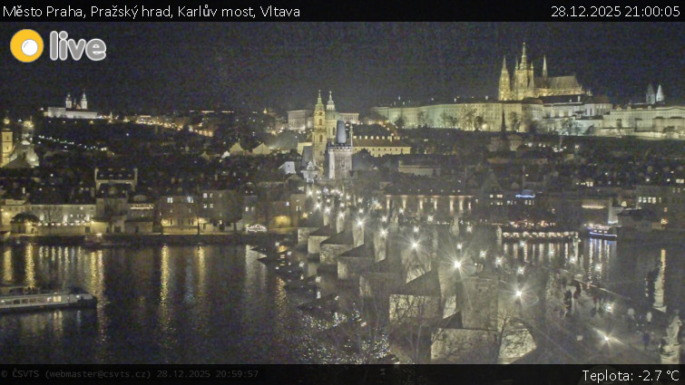 Město Praha - Pražský hrad, Karlův most, Vltava - 28.12.2025 v 21:00