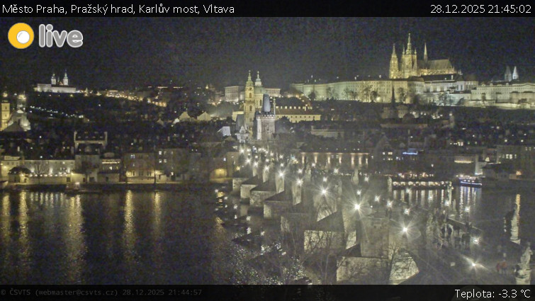 Město Praha - Pražský hrad, Karlův most, Vltava - 28.12.2025 v 21:45