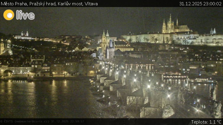 Město Praha - Pražský hrad, Karlův most, Vltava - 31.12.2025 v 23:00