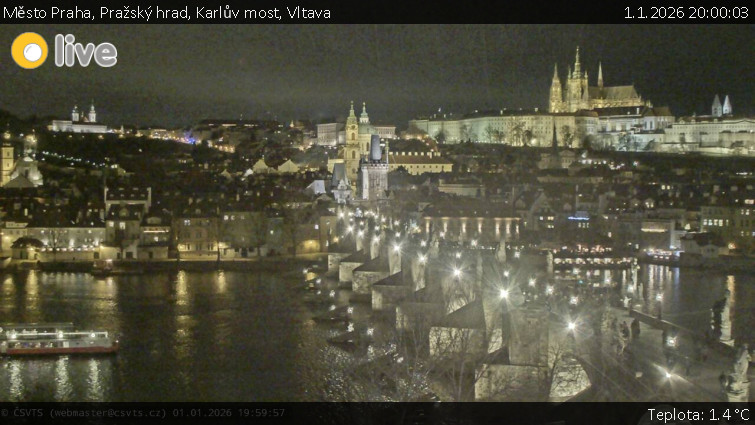 Město Praha - Pražský hrad, Karlův most, Vltava - 1.1.2026 v 20:00
