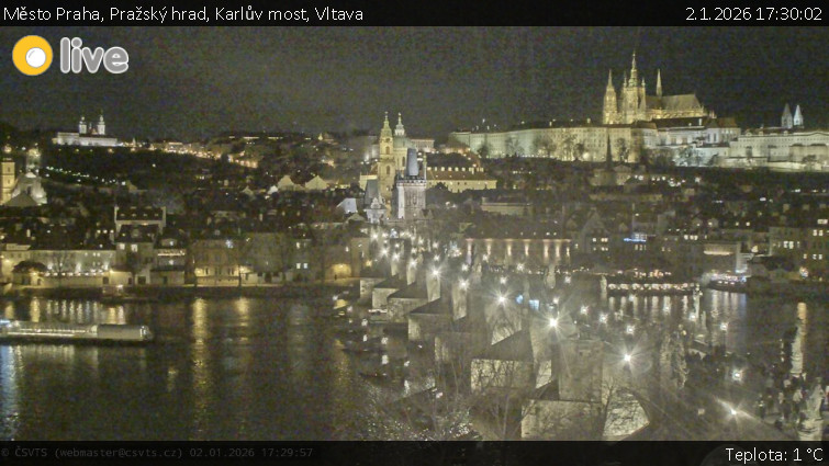 Město Praha - Pražský hrad, Karlův most, Vltava - 2.1.2026 v 17:30