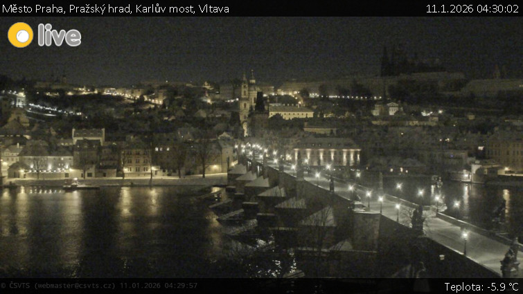 Město Praha - Pražský hrad, Karlův most, Vltava - 11.1.2026 v 04:30