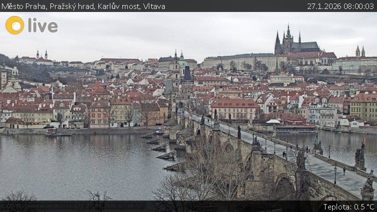 Město Praha - Pražský hrad, Karlův most, Vltava - 27.1.2026 v 08:00