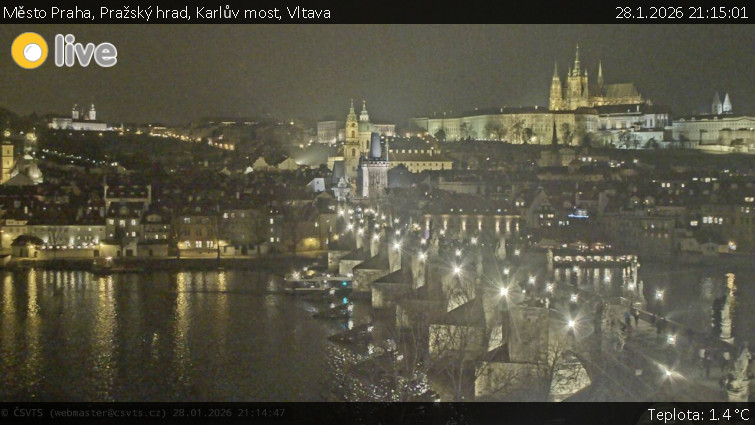 Město Praha - Pražský hrad, Karlův most, Vltava - 28.1.2026 v 21:15