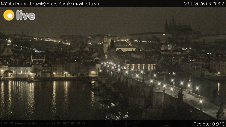 Město Praha - Pražský hrad, Karlův most, Vltava - 29.1.2026 v 03:00