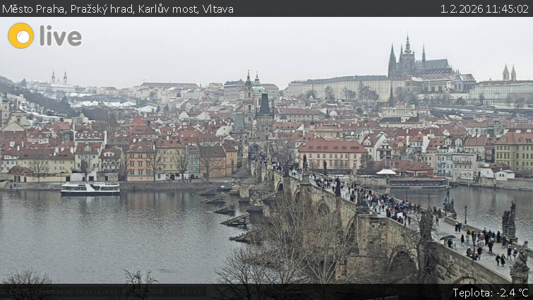 Město Praha - Pražský hrad, Karlův most, Vltava - 1.2.2026 v 11:45