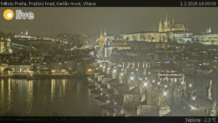 Město Praha - Pražský hrad, Karlův most, Vltava - 1.2.2026 v 18:00