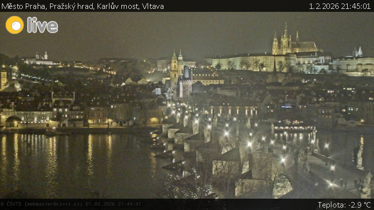 Město Praha - Pražský hrad, Karlův most, Vltava - 1.2.2026 v 21:45